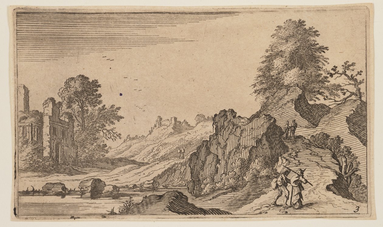 Piesi na ścieżce przy skałach, ruiny za wodą po lewej, z albumu Twelve Landscapes autorstwa Gillis van Scheyndel