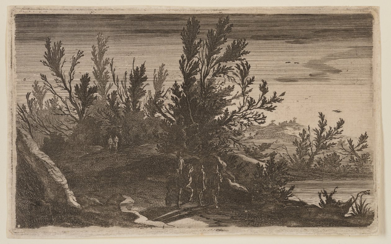 Jeźdźcy na zalesionej ścieżce na lewo od stawu, od Six Landscapes autorstwa Gillis van Scheyndel