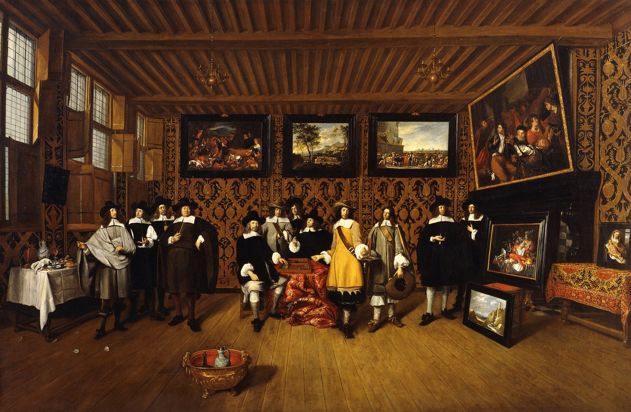Portret grupowy dwunastu dżentelmenów we wnętrzu, 166- autorstwa Gillis van Tilborgh