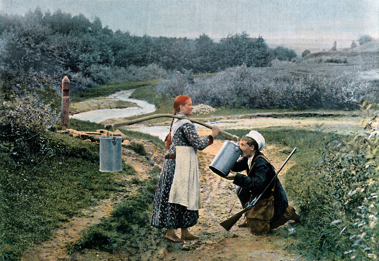 Myśliwy pije drinka młodej kobiecie, Rosja, ok. 1890 r. autorstwa Gillot