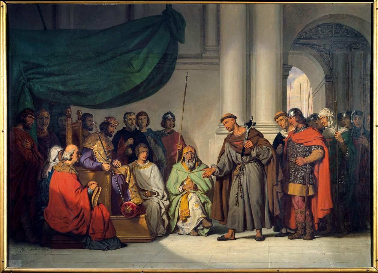 Pierwsza krucjata: „” Cesarz wschodni Alexis Komnene (1048-1118) przyjmuje Piotra Pustelnika, który przybył, aby wezwać go na krucjatę w Konstantynopolu w sierpniu 1096”” Obraz Gillot Saint Evre (1791-1858) 1839 Nd. 0,98 x 1,36 m Wersal. Muzeum Zamkowe autorstwa Gillot Saint Evre