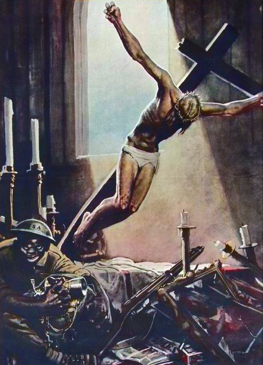 Plakat antyamerykański z II wojny światowej-czarny amerykański kościół grabieży-plakat Gino Boccasile (1901-1952)-włoska propaganda anty USA 1943-plakat Gino Boccasile (1901-1952) autorstwa Gino Boccasile
