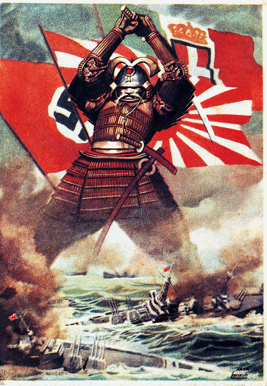 Japoński samuraj tonący amerykańską flotę w Pearl Harbor (7 grudnia 1941), plakat Gino Boccasile (1901-1952), II wojna światowa, Włochy, XX wiek autorstwa Gino Boccasile