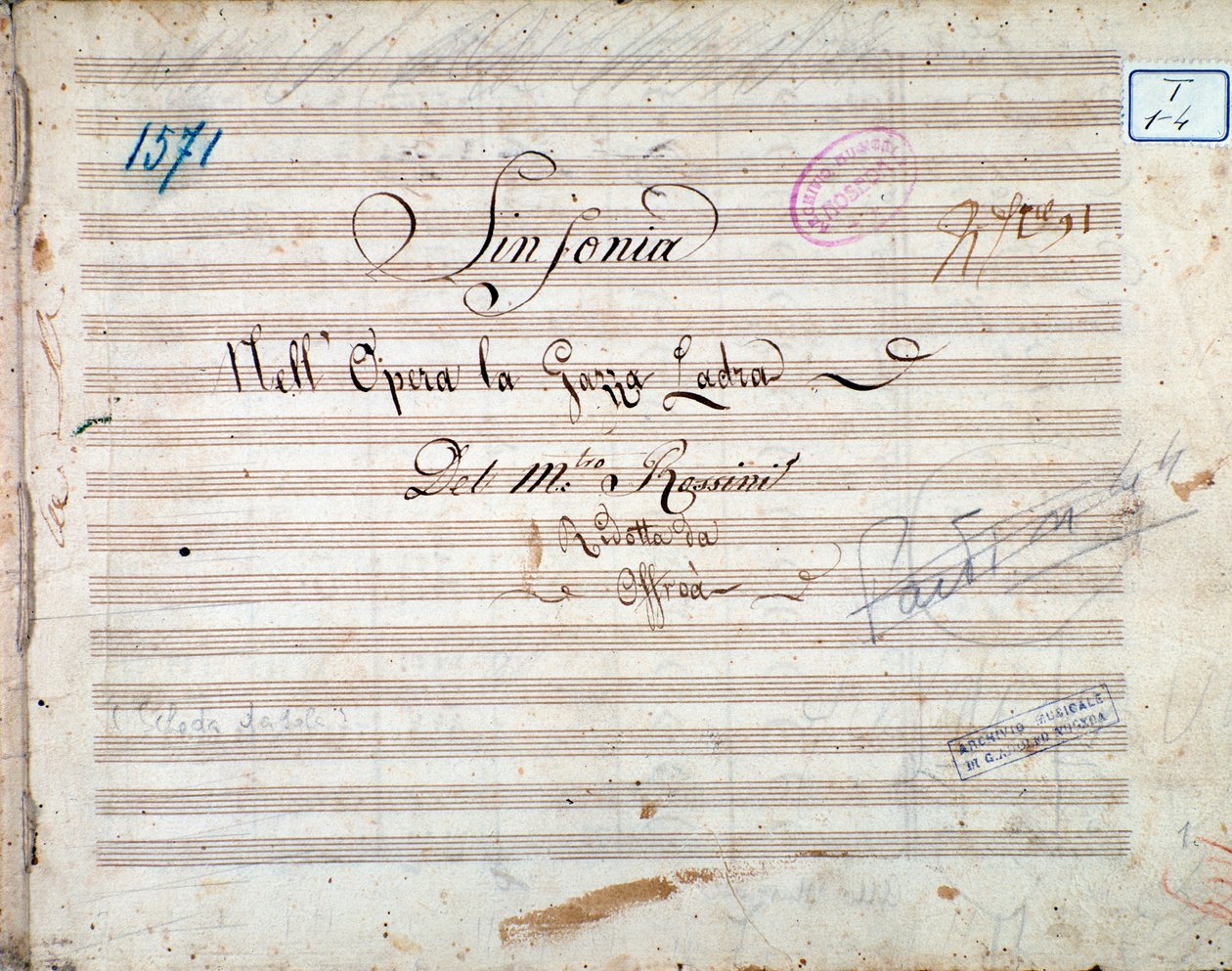 Pierwsza strona partytury symfonii w La gazza ladra (Sroka złodziejka) Gioacchino Rossiniego autorstwa Gioachino Rossini