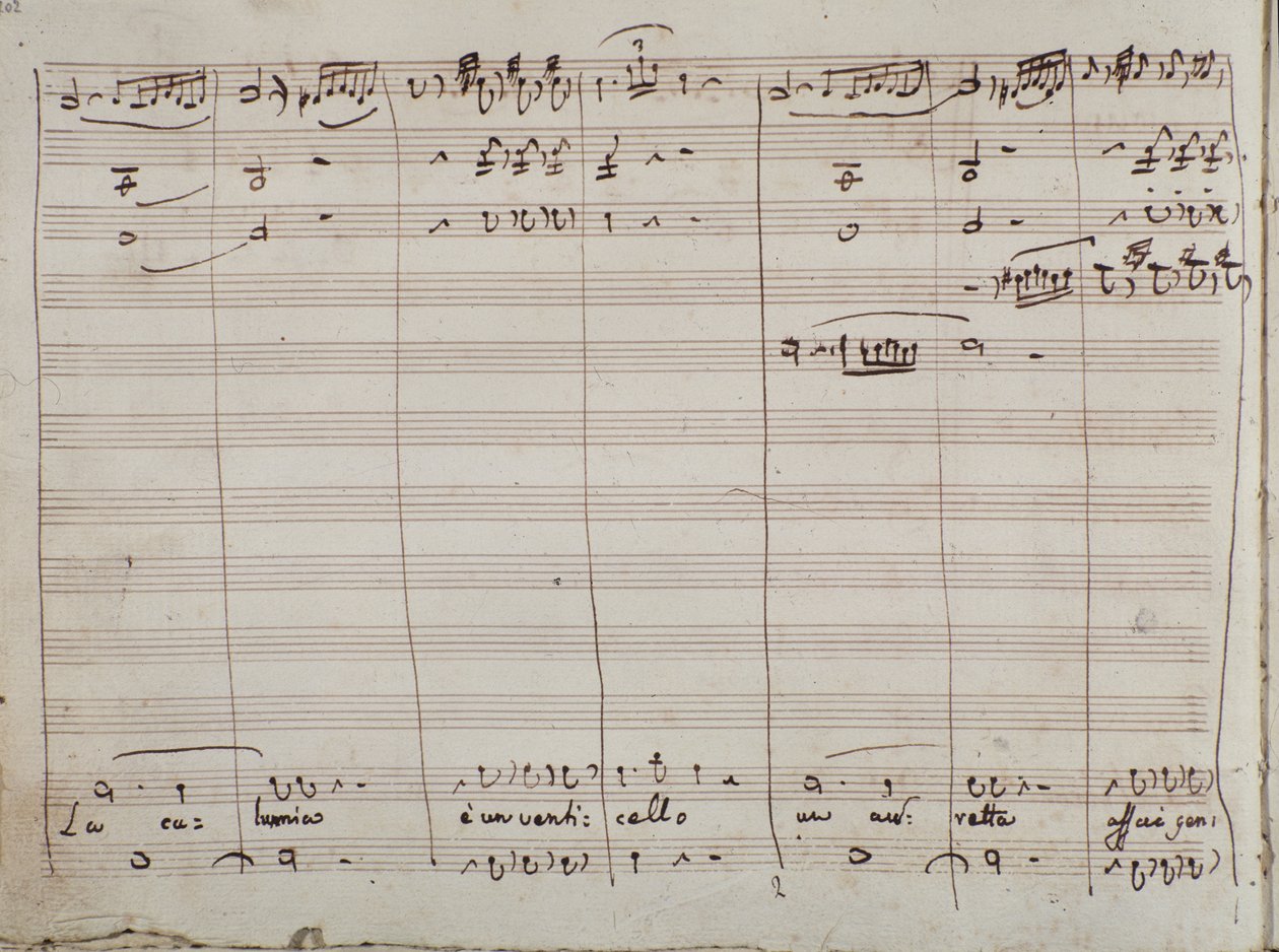 Partytura muzyczna do arii La calunnia e un venticello w Cyruliku sewilskim (tusz na papierze) autorstwa Gioachino Rossini