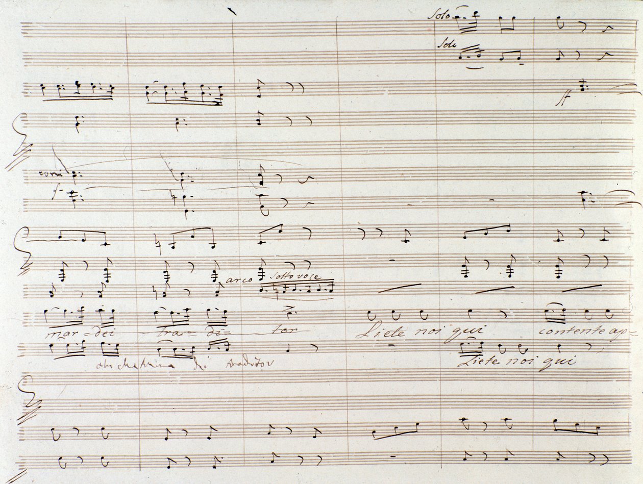 Strona partytury muzycznej Le Comte Ory z odręcznymi poprawkami Gioacchino Rossiniego autorstwa Gioachino Rossini