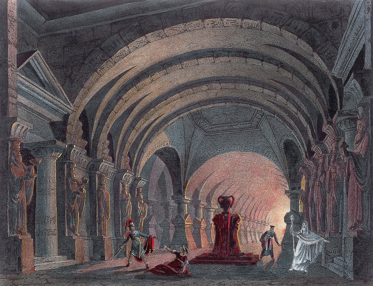 Scenografia do IV aktu Semiramidy autorstwa Gioacchino Rossiniego (1792-1868), rycina autorstwa Gioachino Rossini