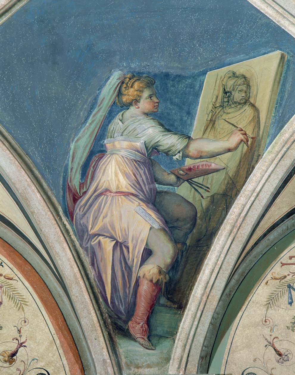 Siedząca kobieta malująca portret mężczyzny, prawdopodobnie artysty, z Camera della Fama e delle Arti (Galeria Sław i Sztuk) 1542 autorstwa Giorgio Vasari