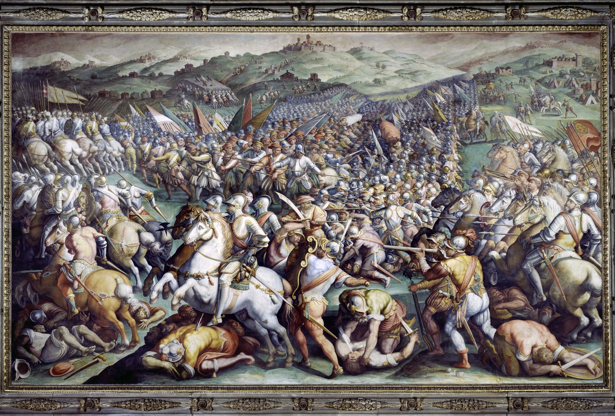 Bitwa pod Scannagallo w Valdichiana (Val di Chiana). Fresk autorstwa Giorgio Vasariego i jego pracowni (1511-1574). Palazzo Vecchio (Salone dei Cinquecento) autorstwa Giorgio (and workshop) Vasari