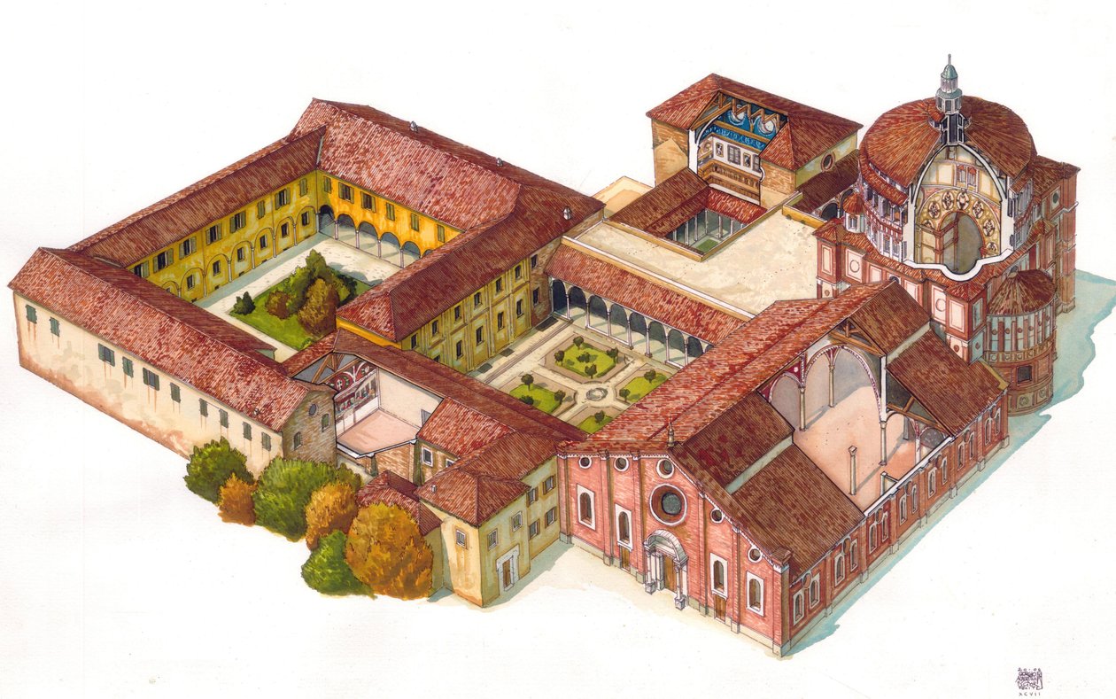 Widok z lotu ptaka na kościół Santa Maria delle Grazie, założony w 1463 roku przez dominikanów, w Mediolanie, Włochy. W refektarzu widoczna jest Cena Leonarda de Vinci (Cenacolo). autorstwa Giorgio Albertini