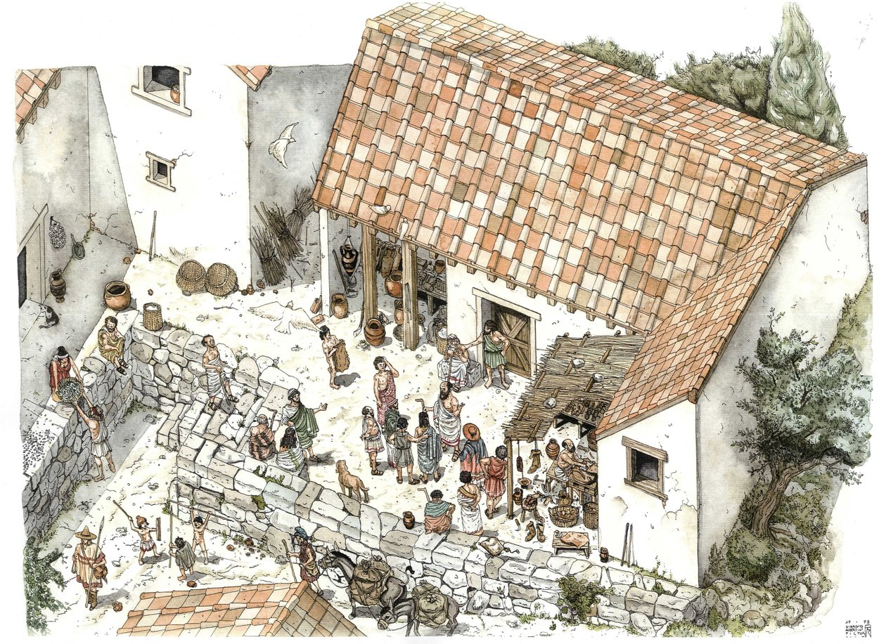 Starożytna Grecja: rekonstrukcja sklepu szewca w Atenach w V wieku p.n.e.: filozof Sokrates jest tam przedstawiony w dyskusji ze swoimi współobywatelami. Grecja Ilustracja autorstwa Giorgio Albertini. (Wykorzystanie pracy tego autora autorstwa Giorgio Albertini