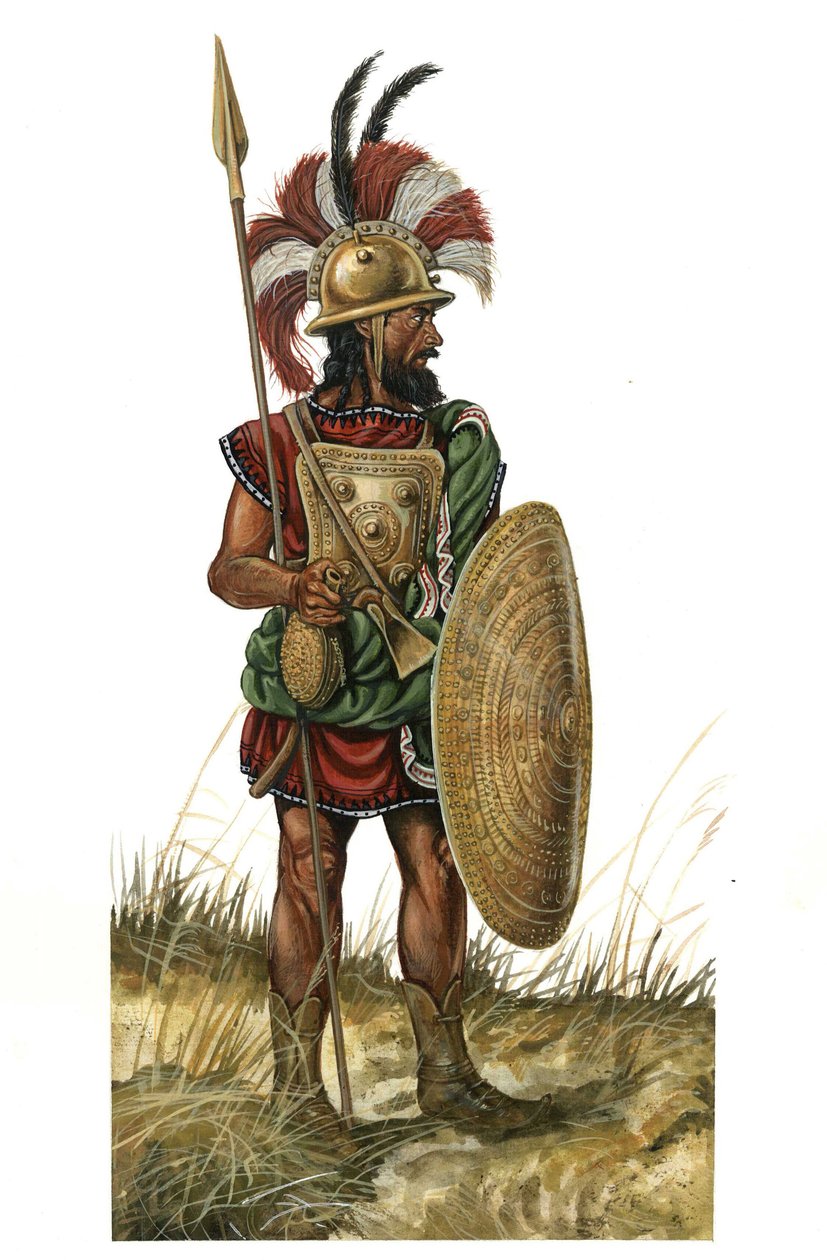 Starożytny Rzym (archaiczne 753-530 p.n.e.): przedstawienie broni wojownika, hełm, tarcza, włócznia (okres monarchiczny VIII w. p.n.e.) autorstwa Giorgio Albertini