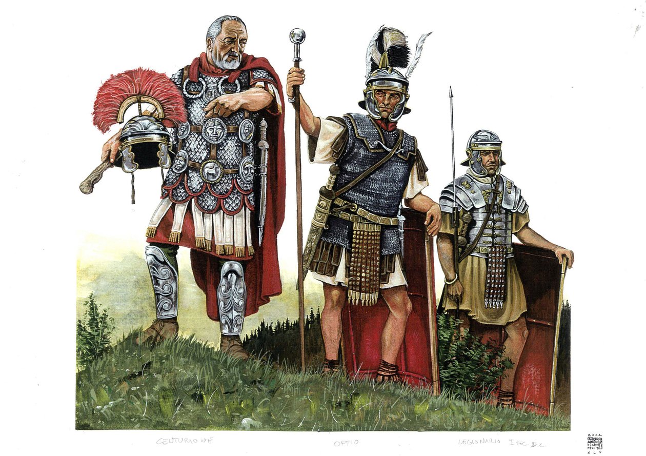 Starożytny Rzym: centurion, optio (posłaniec między centurionami a dekurionami) i legionista. II w. autorstwa Giorgio Albertini