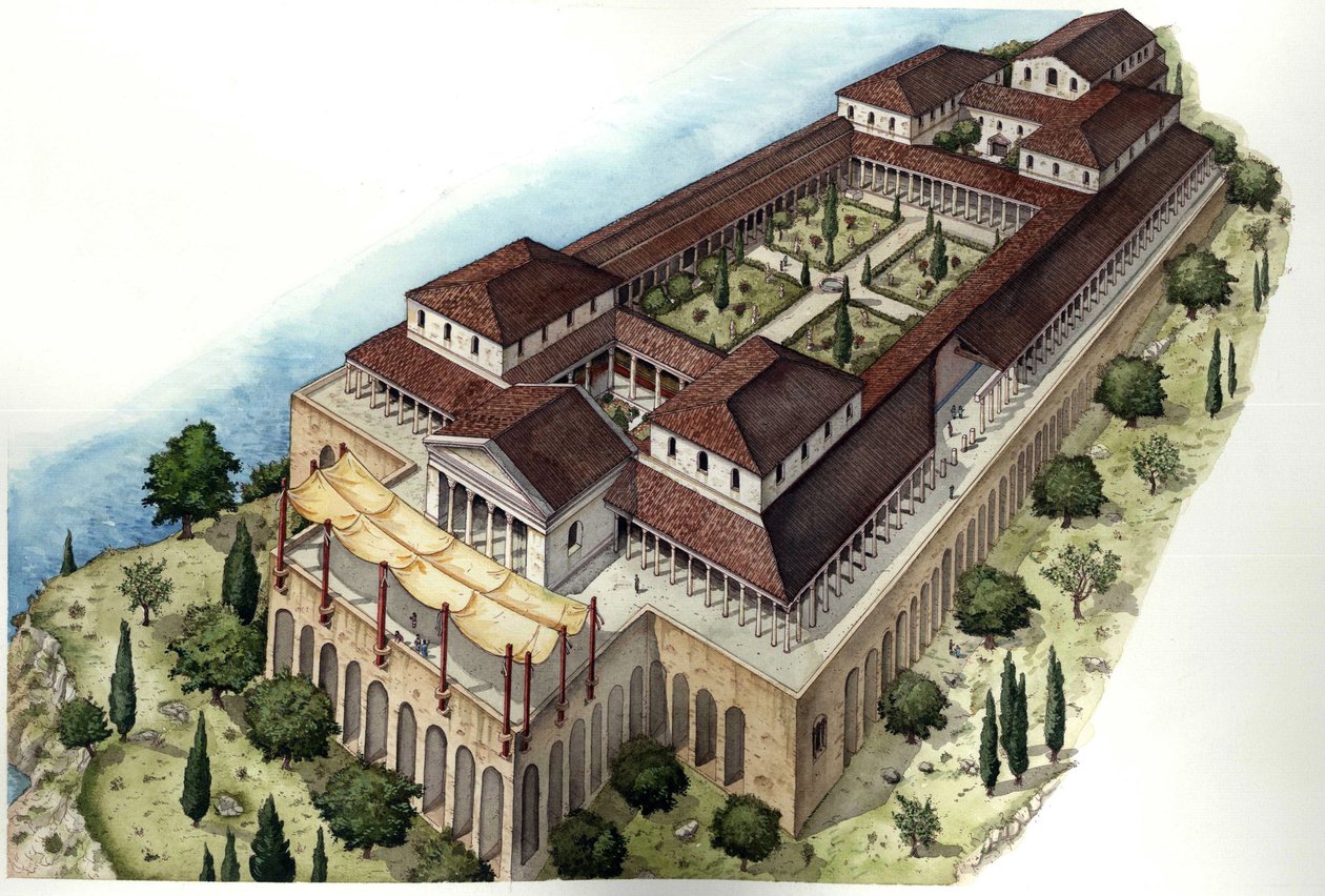 Starożytny Rzym: rekonstrukcja rzymskiej willi Catulle lub Cave di Catullo, rezydencji łacińskiego poety o tym samym imieniu (I wiek p.n.e.), położonej w okolicach Sirmione, na południowym brzegu jeziora Garda (lago di Garda). Włochy. autorstwa Giorgio Albertini