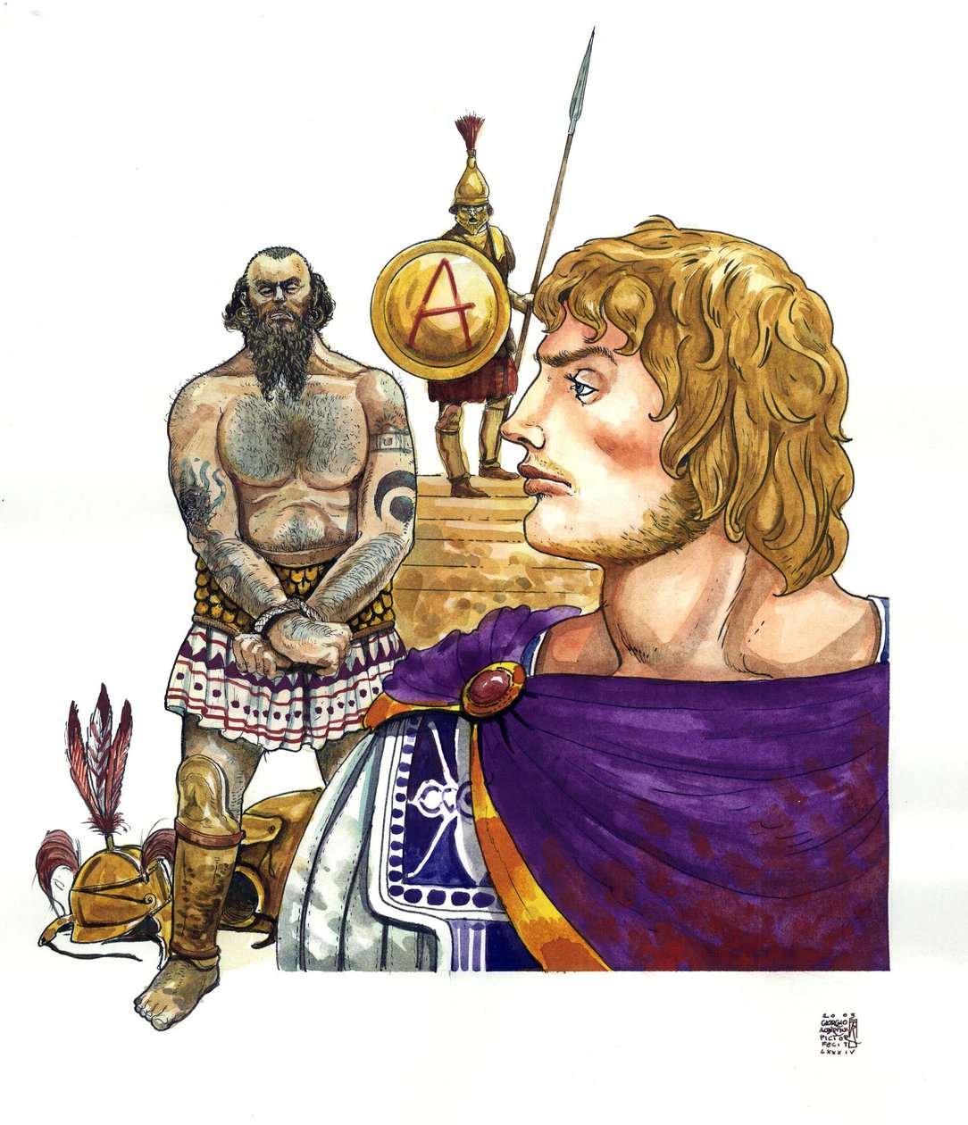 Antyk: król Macedonii Aleksander Wielki (356-323 p.n.e.), a za nim piraci feniccy (Kartagińczycy), których floty zniszczył około 332 r. p.n.e. autorstwa Giorgio Albertini