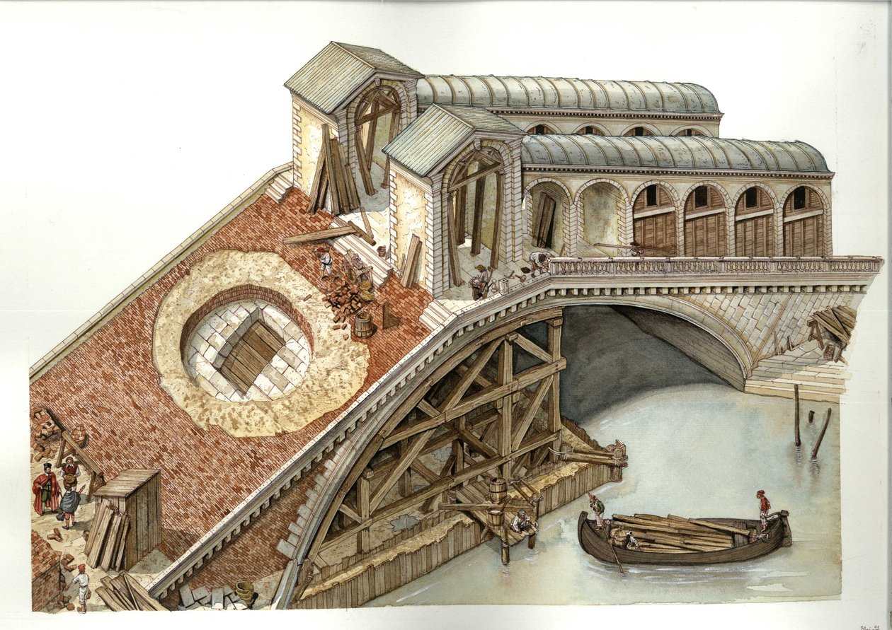 Architektura: plac budowy mostu Rialto w latach 1588-1591 w Wenecji, Włochy. Ilustracja autorstwa Giorgio Albertini (Wykorzystanie dzieł tego autora nie wymaga zezwolenia strony trzeciej ani uiszczenia dodatkowych opłat licencyjnych. autorstwa Giorgio Albertini