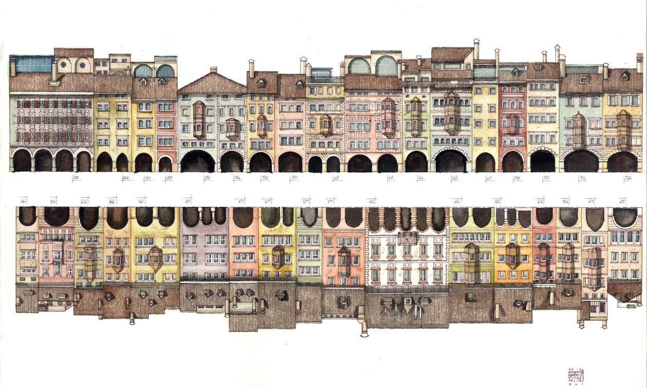 Architektura: płaski widok na Via dei Portici, zadaszoną galerię z portykiem, wraz z kolorowymi domami, z miasta Bolzano, Włochy Ilustracja autorstwa Giorgio Albertini. (Wykorzystanie prac tego autora nie podlega obowiązkowi uzyskania zezwolenia od autorstwa Giorgio Albertini