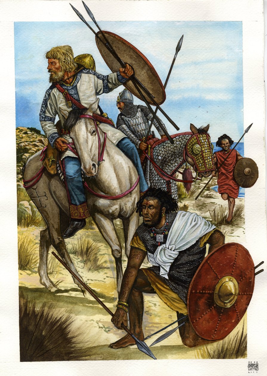 Barbarzyńca: wojownik Alain, wandal (blondyn na koniu) i berber (alański żołnierz, wandal i berber). autorstwa Giorgio Albertini