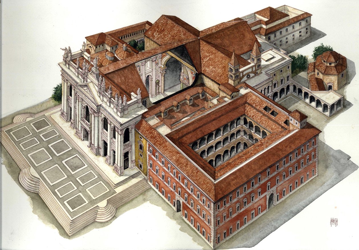Architektura barokowa: rekonstrukcja bazyliki św. Jana na Lateranie (św. Jana na Lateranie lub San Giovanni in Laterano) (XVII-XVIII w.) Rzym Ilustracja autorstwa Giorgio Albertini. (Wykorzystanie dzieł tego autora nie jest przedmiotem wniosku o autoryzacj autorstwa Giorgio Albertini