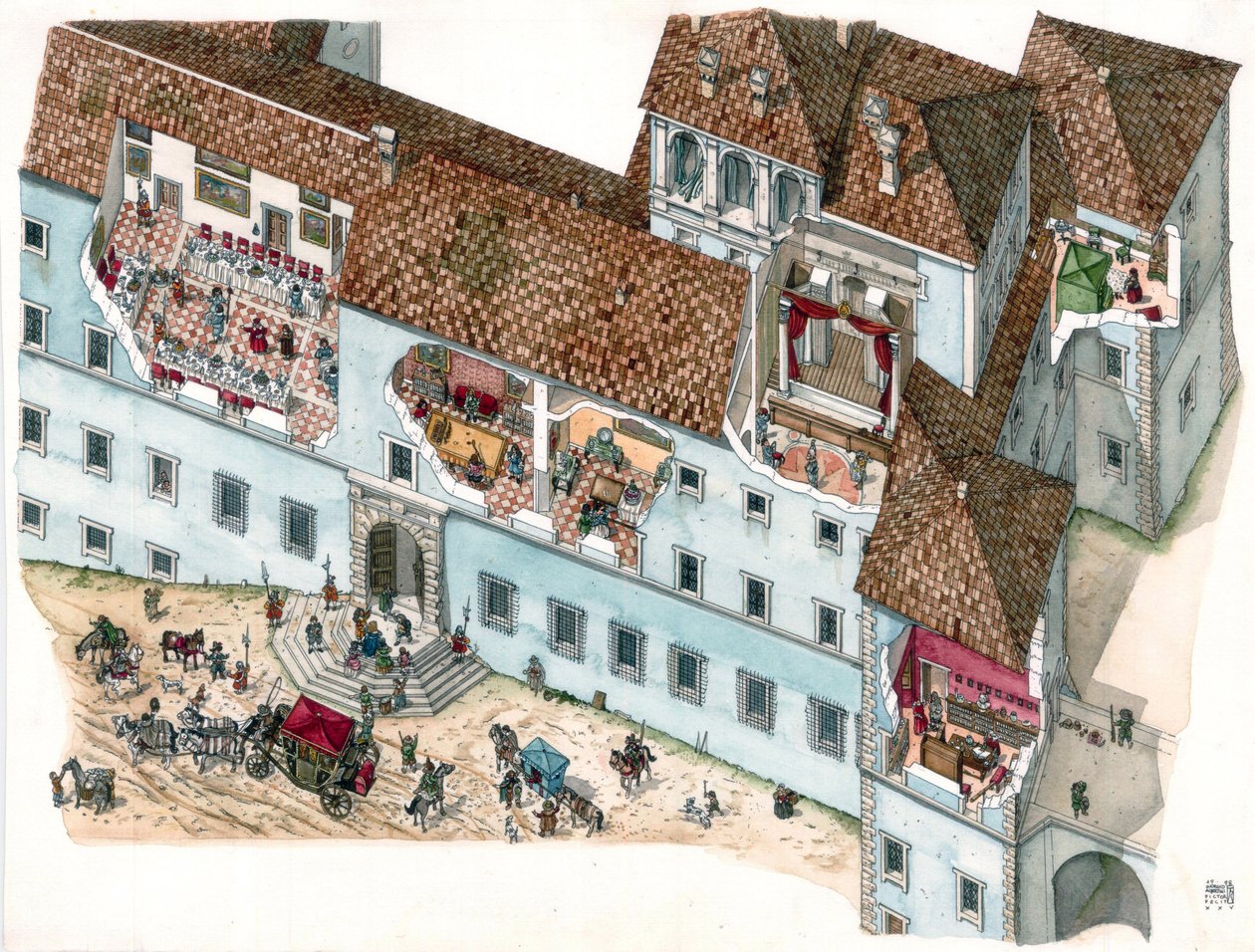 Sztuka baroku: widok i przekrój architektoniczny pałacu Chigi a Ariccia, Lacjum, w XVII wieku. Widoczne są wnętrza pokoi rodzinnych i zależności służby. Włochy autorstwa Giorgio Albertini