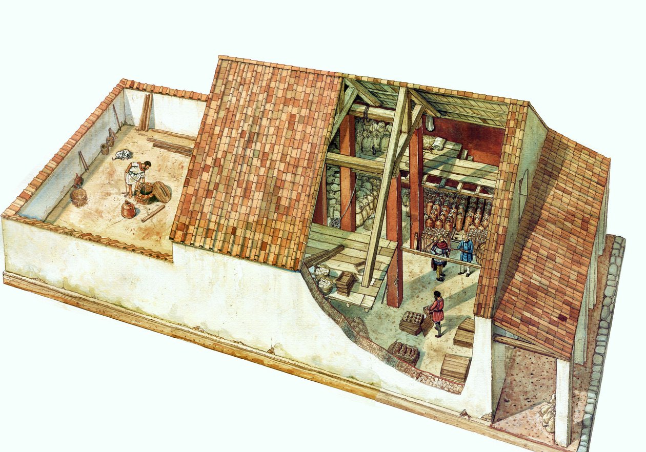 Architektura bizantyjska: rekonstrukcja sklepu klasowego, magazynu obszaru doków Classe, portu miasta Rawenna (Ravenna) w czasach cesarza Justyniana. Włochy VII wiek. Przekrój budynku pozwala zobaczyć przechowywane towary. autorstwa Giorgio Albertini