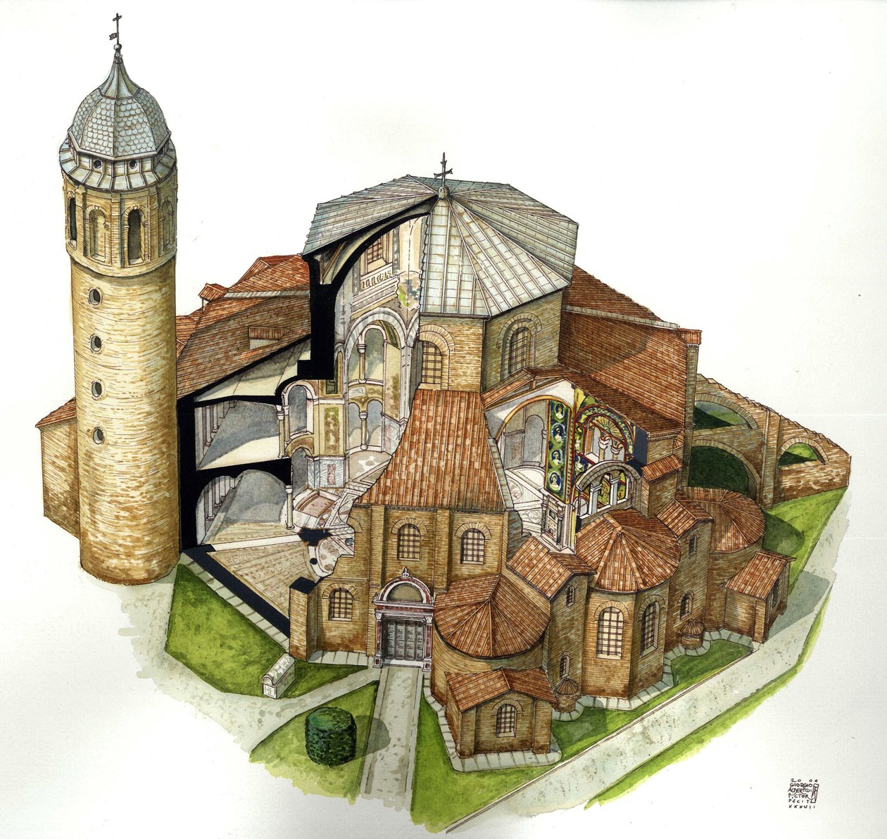 Sztuka bizantyjska: przedstawienie bazyliki św. Witalisa (Saint Vital lub San Vitale) w Rawennie (Ravenna) w V wieku. Widok z lotu ptaka z wycięciami, aby zobaczyć wnętrze. Włochy Ilustracja autorstwa Giorgio Albertini. (Wykorzystanie dzieł tego autora nie autorstwa Giorgio Albertini