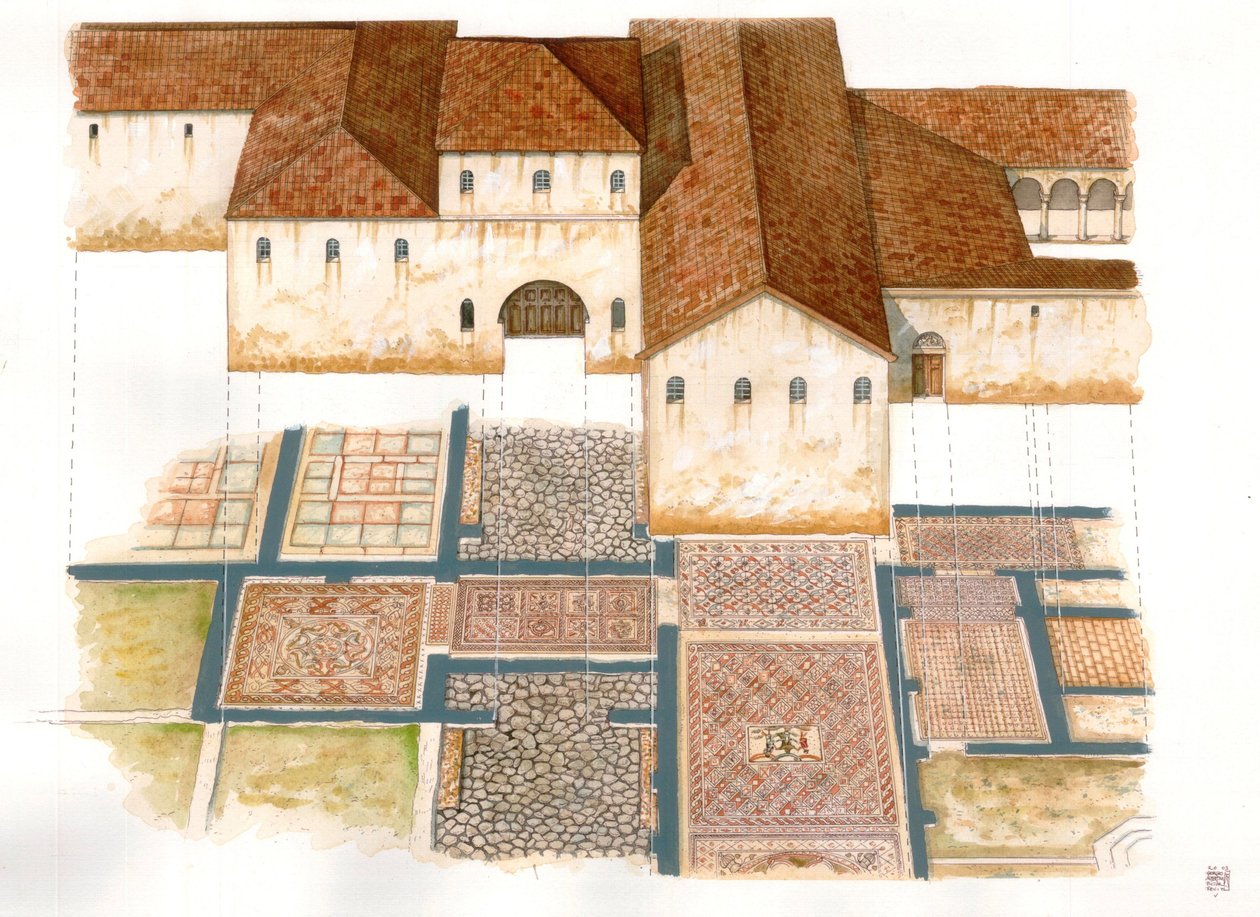 Sztuka bizantyjska: widok miejsca Domus kamiennych dywanów (dei tappeti di pietra) w Rawennie (Ravenna) w VI wieku, złożonego z mozaiki bizantyjskiego pałacu. autorstwa Giorgio Albertini