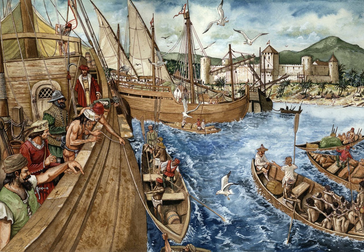 Kolonizacja Złotego Wybrzeża (Ghana) w Afryce: Portugalczycy wyruszyli na wybrzeże Gwinei 21 stycznia 1882 r. i zbudowali fort Sao Jorge de Mina (Elmina), aby wzmocnić handel złotem i niewolnikami. Portugalskie karawele reprezentowane wzdłuż wybrzeży Afryk autorstwa Giorgio Albertini