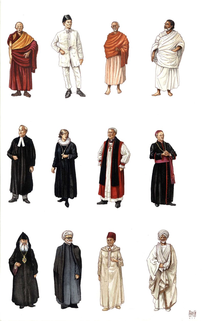 Kostiumy i sukienki członków duchowieństwa różnych religii, mnich buddyjski, prawosławny, kardynał, pastor protestancki. autorstwa Giorgio Albertini