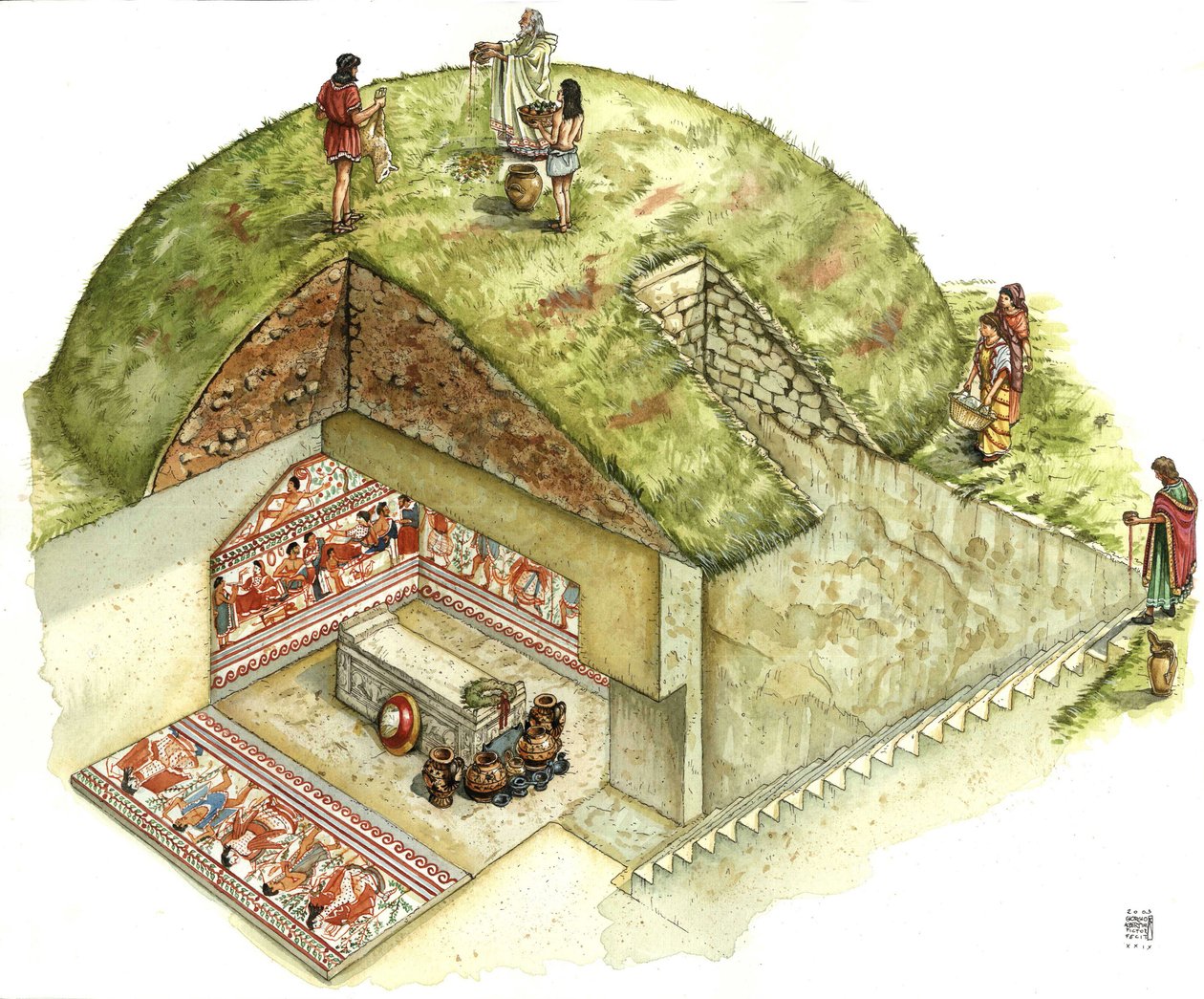 Cywilizacja etruska: rekonstrukcja i wycięcie grobowca Triclinio (triclinium), nekropolia Tarquinia. V wiek p.n.e. Włochy Ilustracja Giorgio Albertiniego. autorstwa Giorgio Albertini