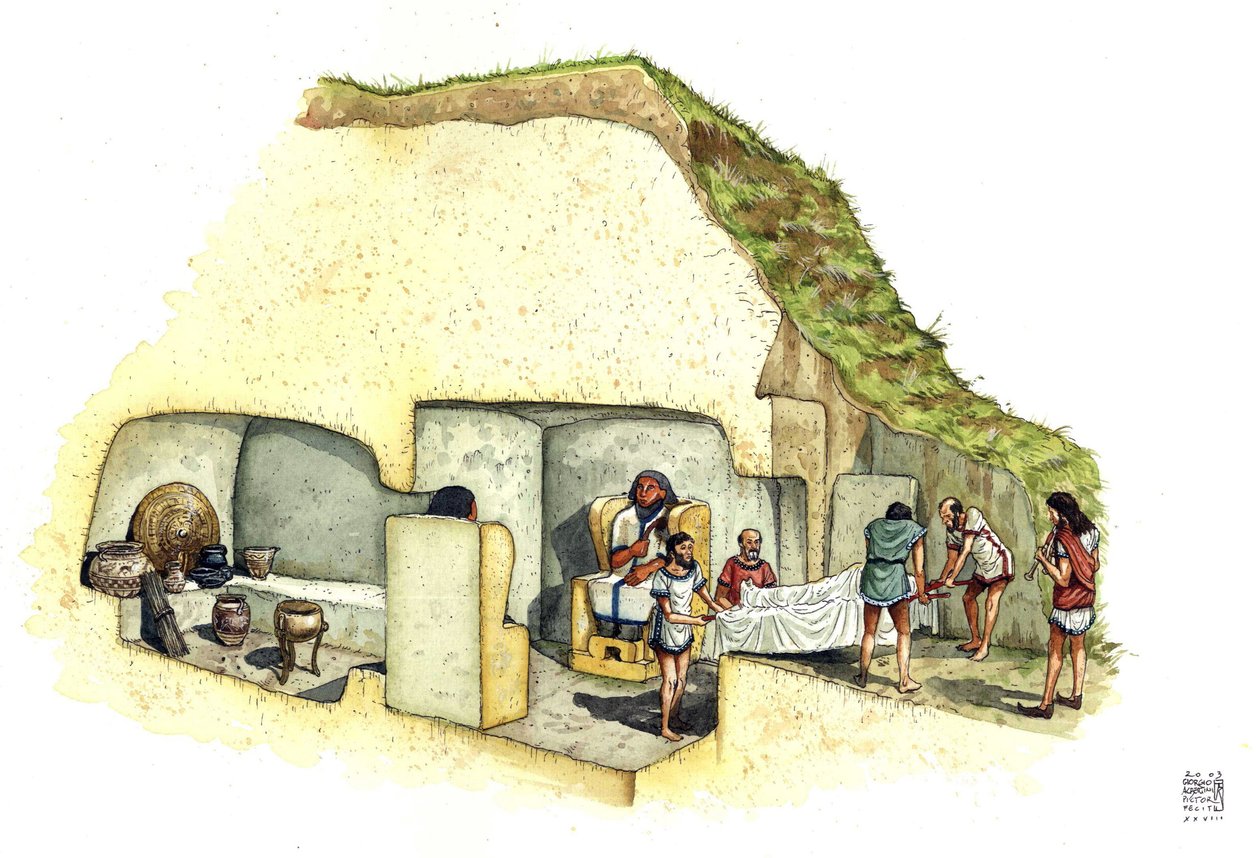 Cywilizacja etruska: rekonstrukcja i wycięcie grobowca posągów, nekropolia Ceri. VII wiek p.n.e. Włochy Ilustracja Giorgio Albertiniego. autorstwa Giorgio Albertini