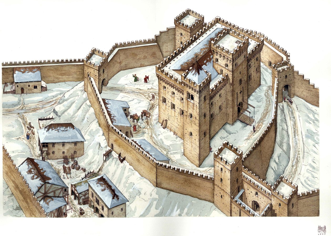 Średniowieczna architektura: rekonstrukcja zamku w mieście Udine w XIV wieku. Włochy Ilustracja autorstwa Giorgio Albertini. (Korzystanie z dzieł tego autora nie podlega wnioskowi o zezwolenie od strony trzeciej ani opłacie). autorstwa Giorgio Albertini