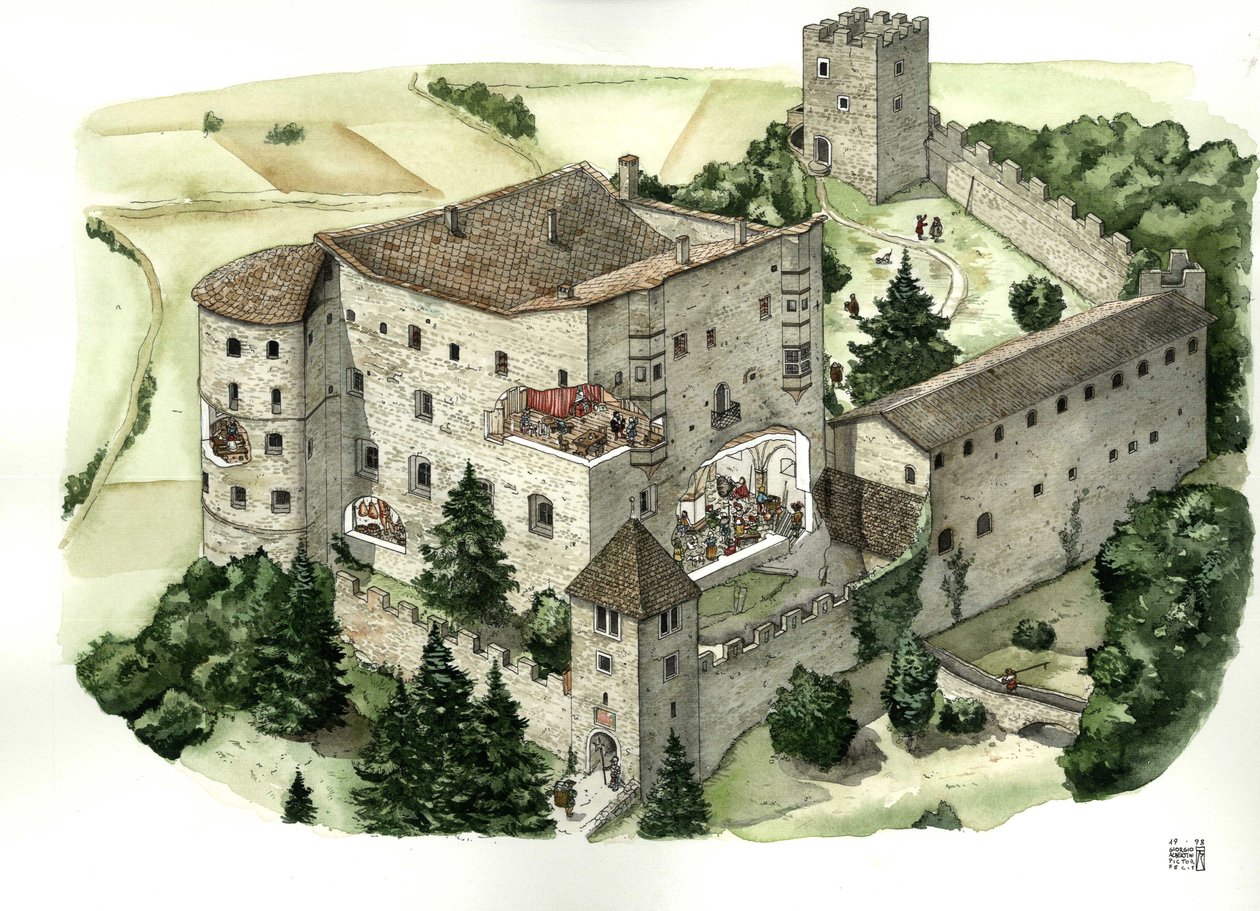 Średniowieczna architektura: widok na zamek Pergine, z wycięciami pozwalającymi zobaczyć życie mieszkańców w pokojach zamku w XVI wieku. Pergine Valsugana, Trydent, Włochy Ilustracja autorstwa Giorgio Albertini. (Wykorzystanie prac tego autora autorstwa Giorgio Albertini