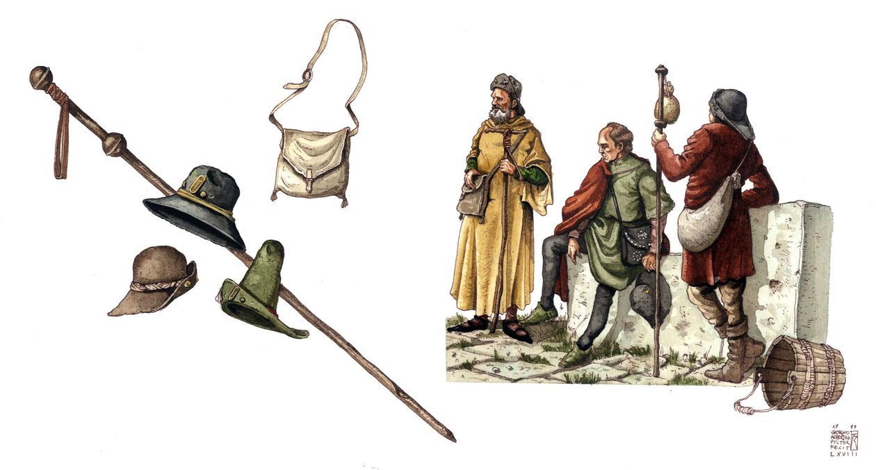 Moda średniowieczna: strój peleryny między XII a XIV wiekiem, torba, kapelusze, laska, tuniki. autorstwa Giorgio Albertini