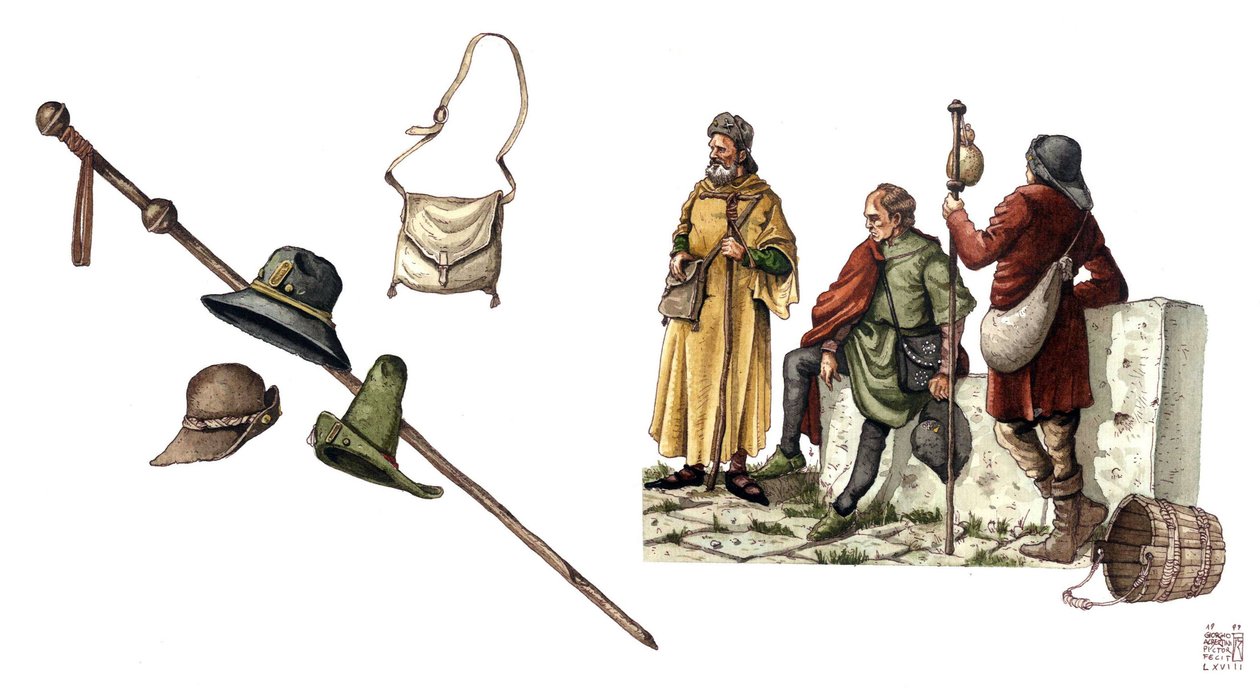 Moda średniowieczna: strój peleryny między XII a XIV wiekiem, torba, kapelusze, laska, tuniki. autorstwa Giorgio Albertini