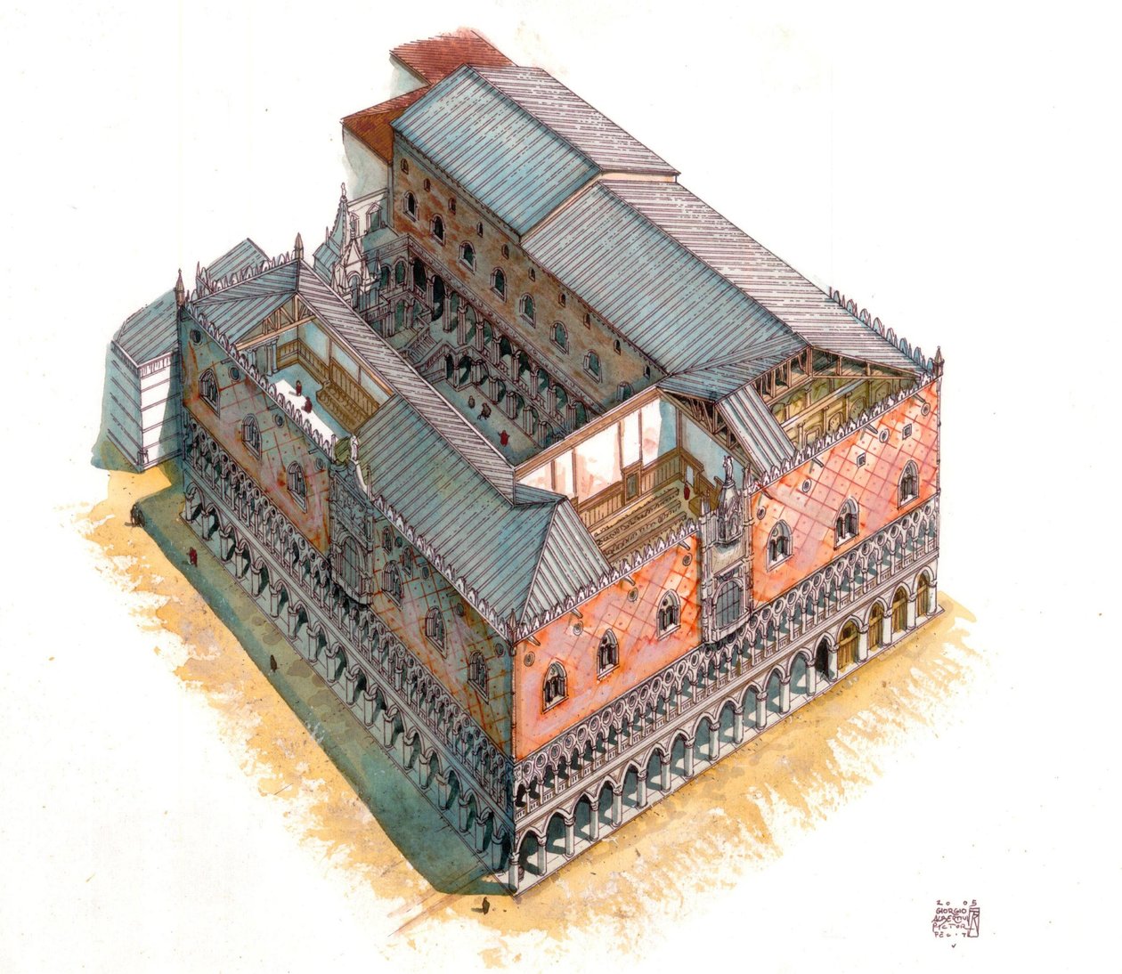 Średniowiecze: widok z lotu ptaka i przekrój architektoniczny Pałacu Dożów (lub Pałacu Książęcego lub Palazzo Ducale) na Placu Świętego Marka w Wenecji w XV wieku. Włochy autorstwa Giorgio Albertini