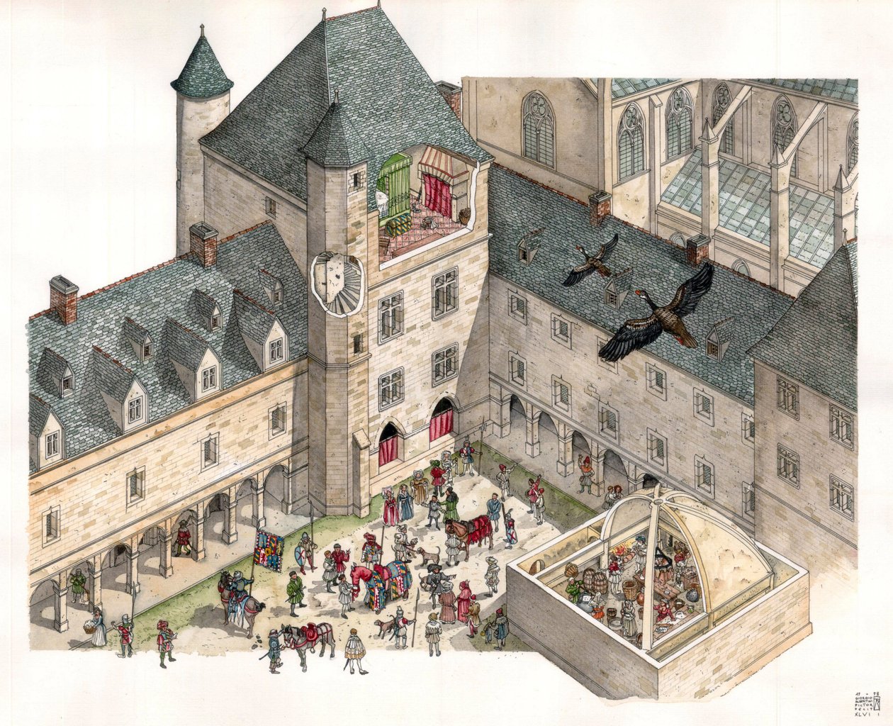 Średniowiecze: widok z lotu ptaka na Palais des Dukes de Burgundy w Dijon (Cote d