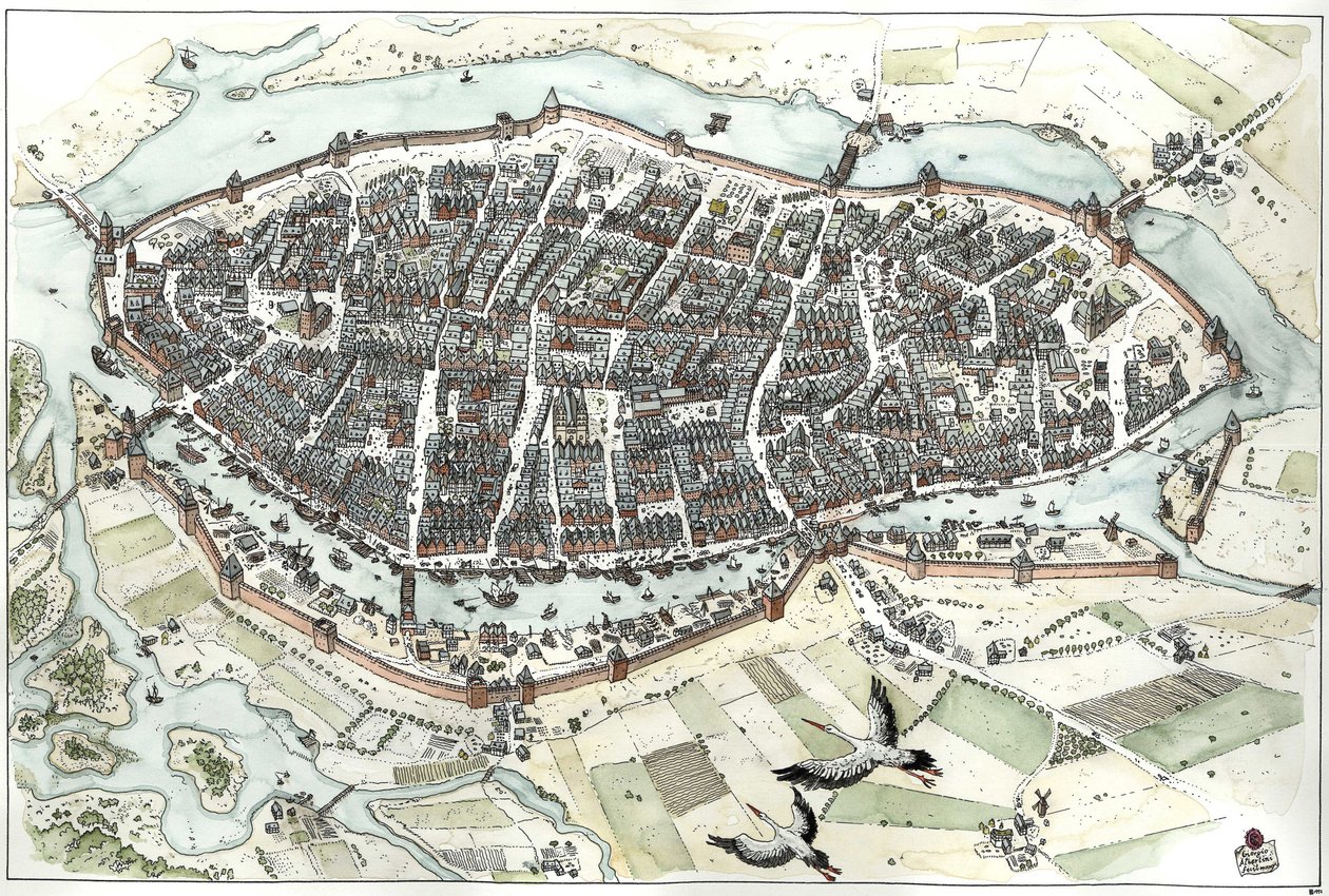Średniowiecze: widok z lotu ptaka miasta Lubeka w Niemczech z mapą ulic, pokazujący jego położenie geograficzne na wyspie u zbiegu rzek Wakenitz i Trave. XV wiek. Niemcy Ilustracja autorstwa Giorgio Albertini. (Wykorzystanie ilustracji tego autora w autorstwa Giorgio Albertini