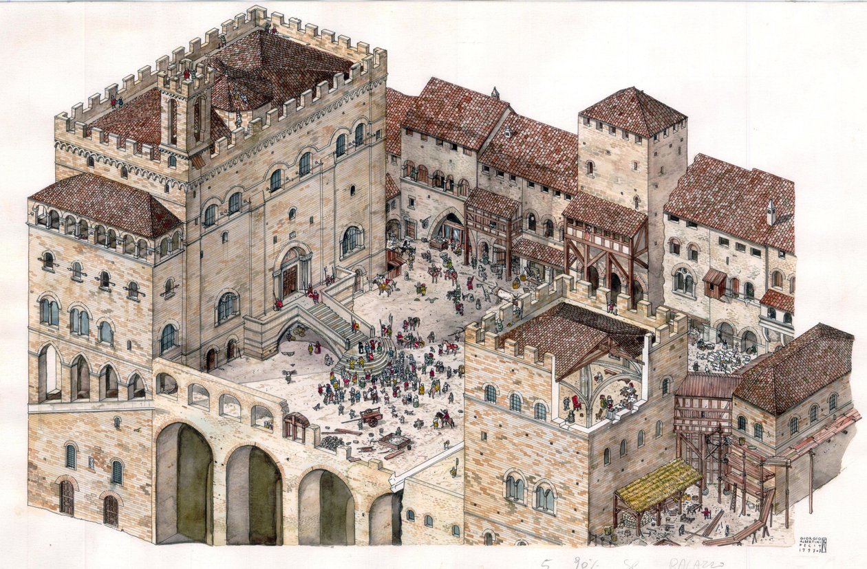 Średniowiecze: widok z lotu ptaka na centralny plac miasta Gubbio (Umbria) we Włoszech w XIV wieku. Po lewej stronie widoczny jest Pałac Konsulów. autorstwa Giorgio Albertini