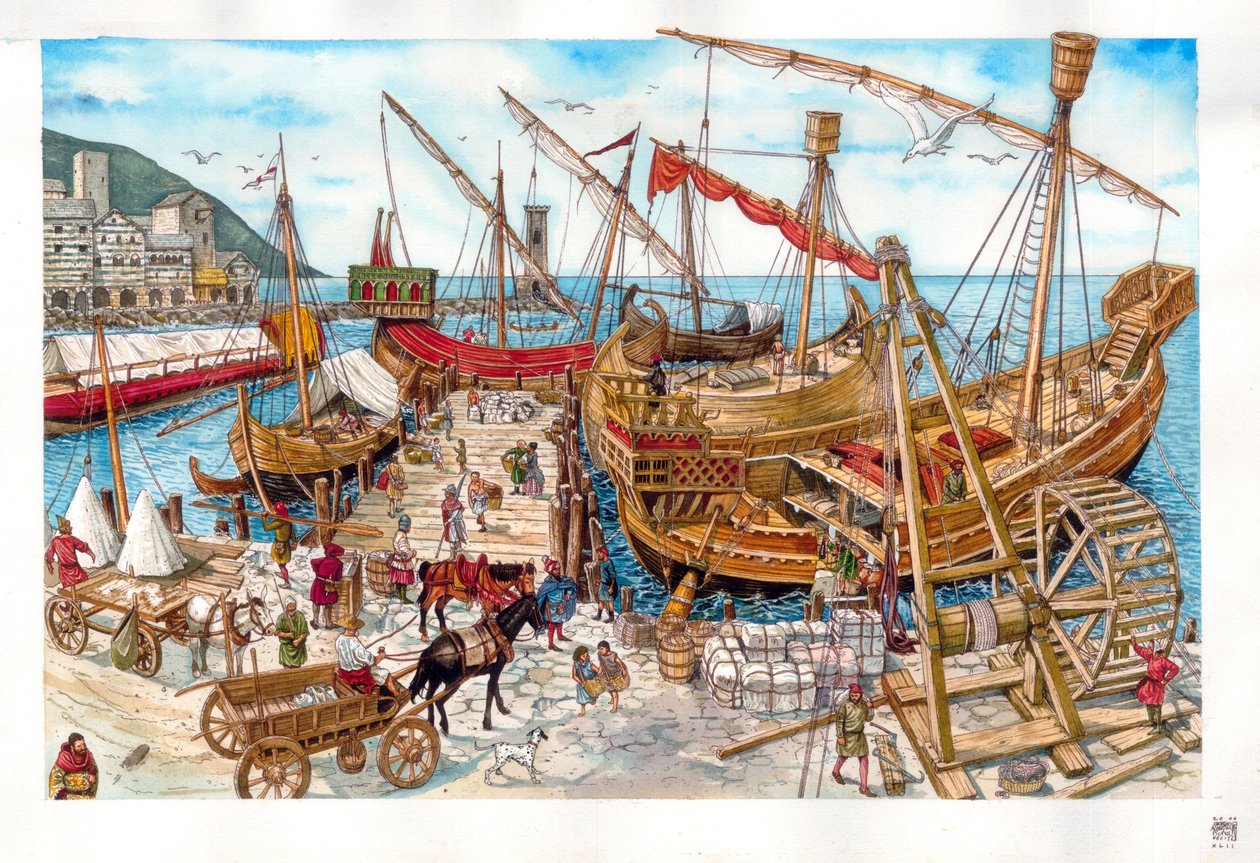 Średniowiecze: działalność handlowa, załadunek łodzi w porcie w regionie Liguria. Włochy XIV w. autorstwa Giorgio Albertini