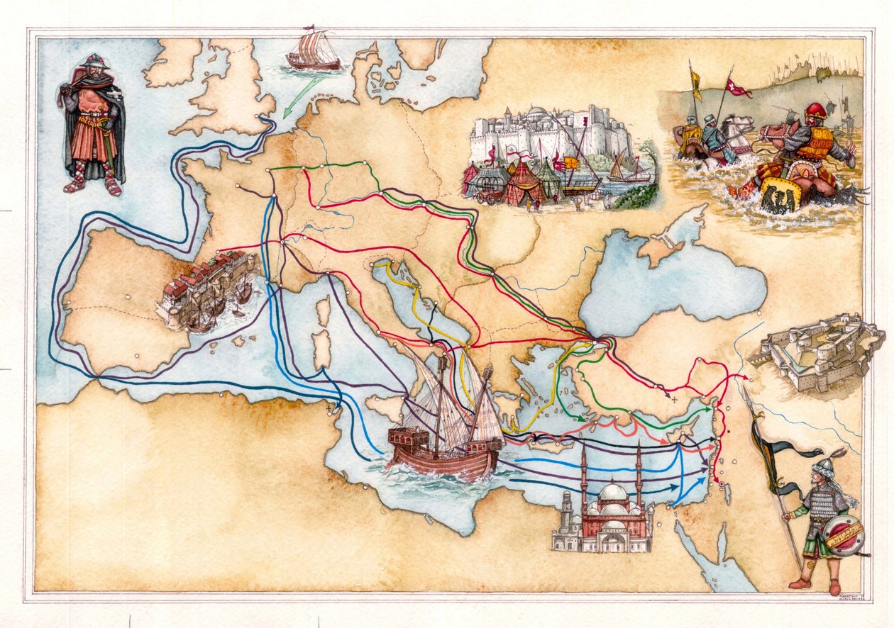 Średniowiecze: mapa Europy i Bliskiego Wschodu przedstawiająca szlaki lądowe i morskie wykorzystywane przez wyprawy krzyżowe podczas różnych krucjat. autorstwa Giorgio Albertini