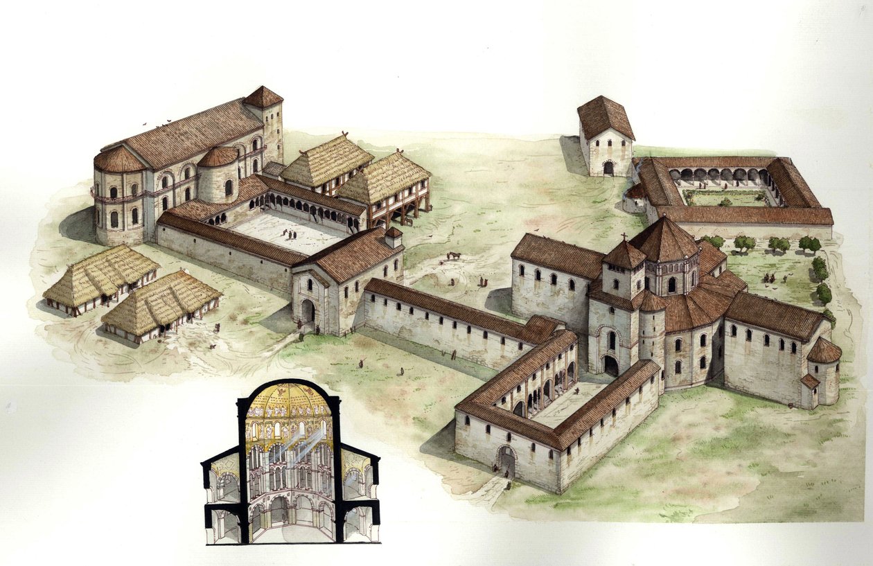 Średniowiecze: przegląd i przekrój rekonstruujący pałac Karola Wielkiego (ok. 742-814) zrealizowany przez architekta Eudesa de Metz około 794 roku w Aachen (Akwizgran) w Niemczech. Ilustracja autorstwa Giorgio Albertini. (Wykorzystanie prac tego autora nie autorstwa Giorgio Albertini