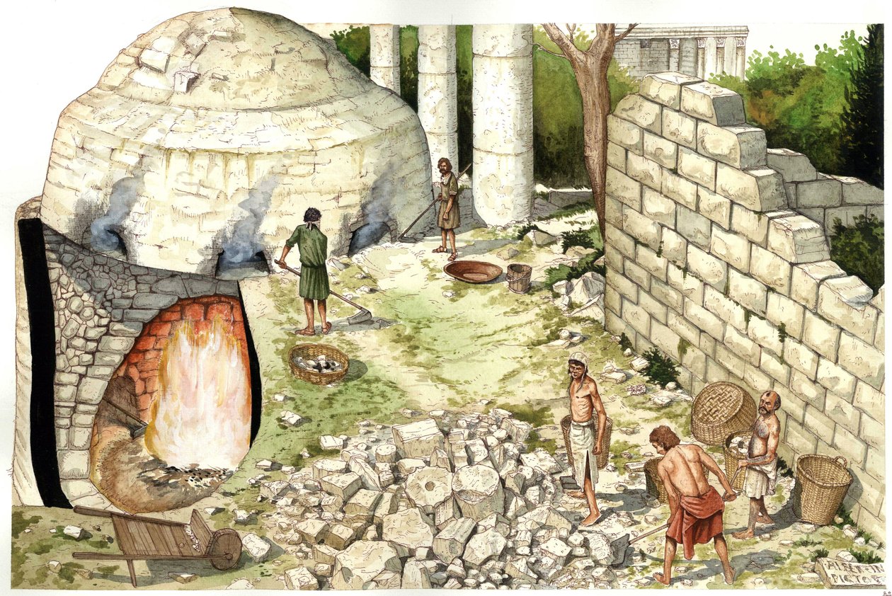 Średniowiecze: rekonstrukcja pieca wapienniczego (chaufour), robotnicy obrabiają wapień. Ilustracja autorstwa Giorgio Albertini. (Korzystanie z dzieł tego autora nie wymaga uzyskania zezwolenia od osób trzecich ani uiszczenia dodatkowych opłat). autorstwa Giorgio Albertini