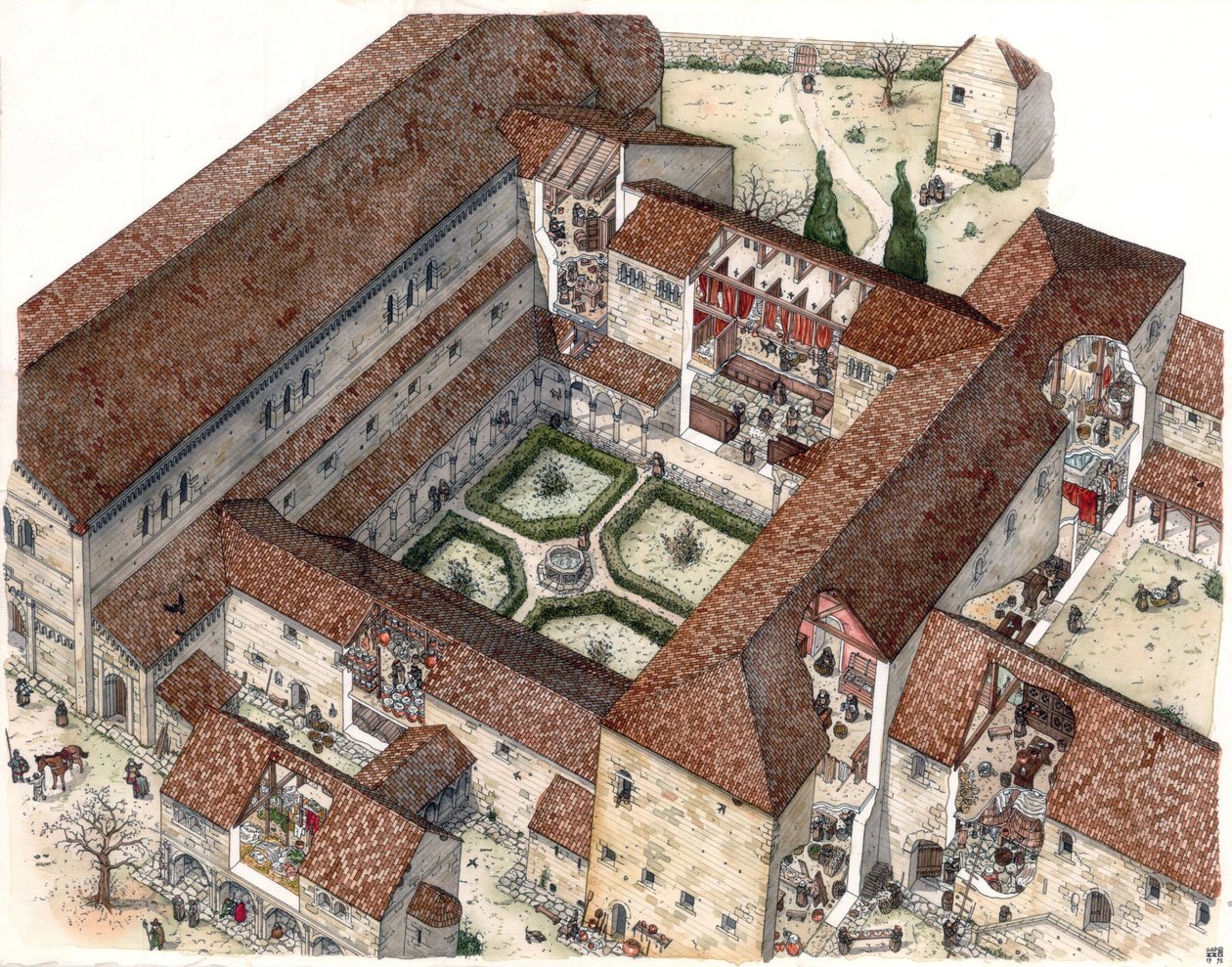 Średniowiecze: odtworzenie klasztoru i życia mniszek lub mnichów. Cięcia pozwalają zobaczyć wewnętrzne sceny. Ilustracja autorstwa Giorgio Albertini. (Korzystanie z dzieł tego autora nie jest przedmiotem wniosku o zezwolenie od strony trzeciej o autorstwa Giorgio Albertini