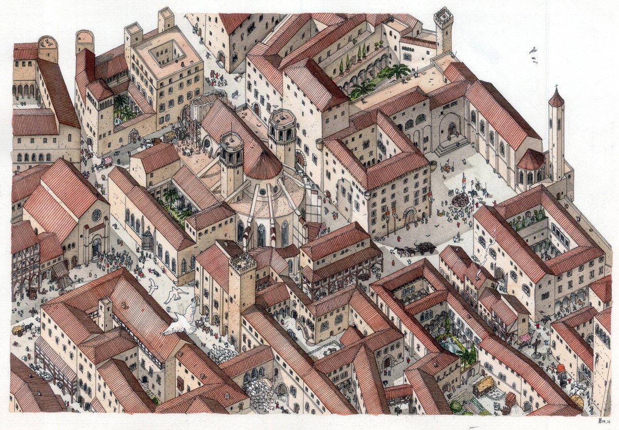 Średniowiecze: odtworzenie historycznej dzielnicy Barri Gotic (barrio gotico) w Barcelonie w XIV wieku. Widoczna jest katedra Sainte-Eulalie (Świętej Eulalii). Hiszpania Ilustracja autorstwa Giorgio Albertini. (Wykorzystanie prac tego autora nie jest dozwo autorstwa Giorgio Albertini