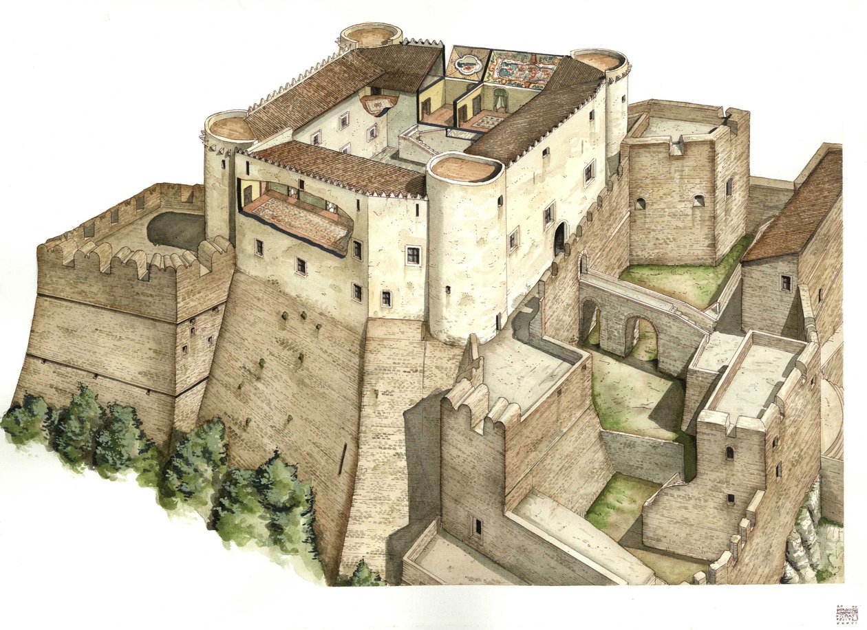 Średniowiecze: rekonstrukcja zamku Santa Severina, zbudowanego w XI wieku w Catanzaro. Kalabria Włochy Ilustracja autorstwa Giorgio Albertini. (Korzystanie z dzieł tego autora nie jest przedmiotem wniosku o zezwolenie od strony trzeciej lub do autorstwa Giorgio Albertini