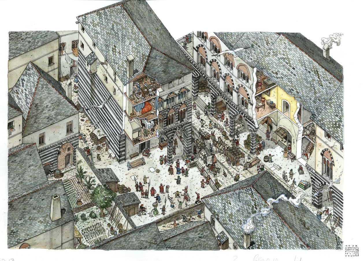 Średniowiecze: widok na pałac szlachty kupieckiej (Curia lub kuria) w Genes w 15 wieku, sceny uliczne, Włochy Ilustracja Giorgio Albertini. autorstwa Giorgio Albertini
