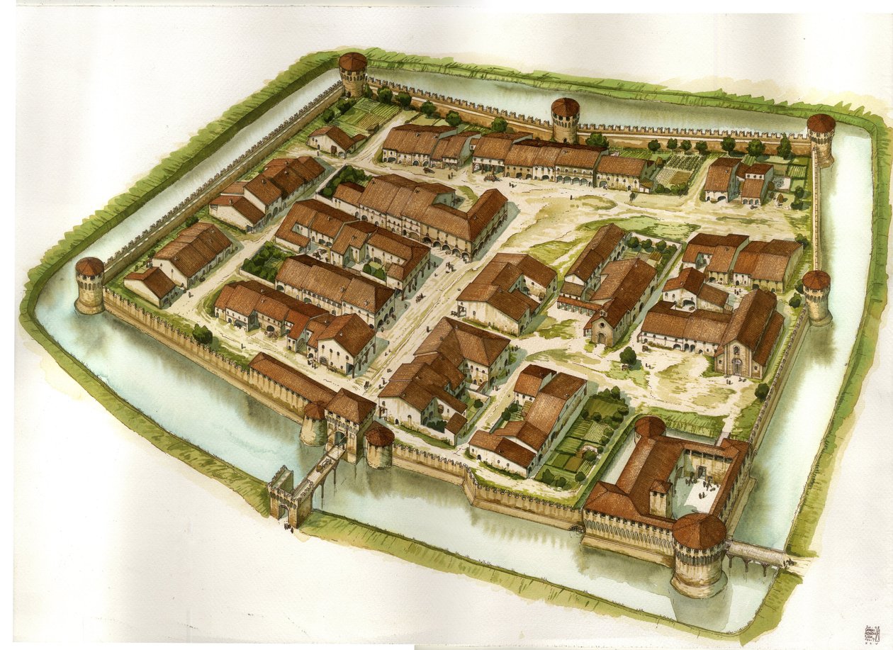 Średniowiecze: widok na ufortyfikowane miasto Bagnara di Romagna pod koniec XV wieku. Włochy autorstwa Giorgio Albertini