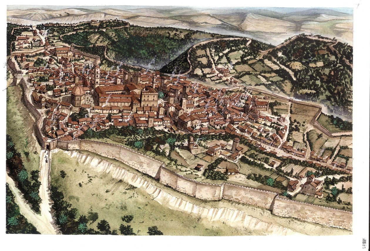 Średniowiecze: widok na średniowieczne miasto Volterra, otoczone murami obronnymi, w XIV wieku. Toskania. Włochy Ilustracja autorstwa Giorgio Albertini. (Korzystanie z dzieł tego autora nie podlega wnioskowi o zezwolenie od strony trzeciej ani t autorstwa Giorgio Albertini