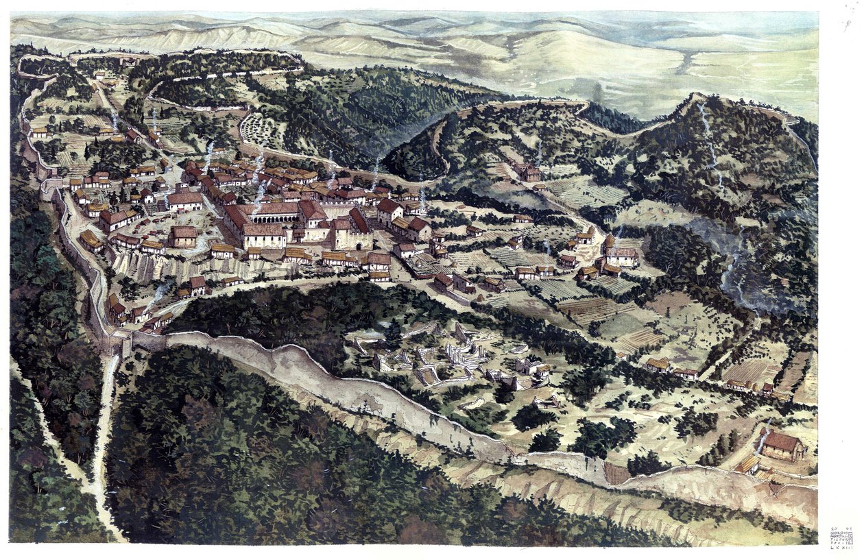 Średniowiecze: widok na średniowieczne miasto Volterra, otoczone murami obronnymi, w X wieku. Toskania. Włochy Ilustracja autorstwa Giorgio Albertini. (Korzystanie z dzieł tego autora nie podlega wnioskowi o zezwolenie od strony trzeciej ani t autorstwa Giorgio Albertini